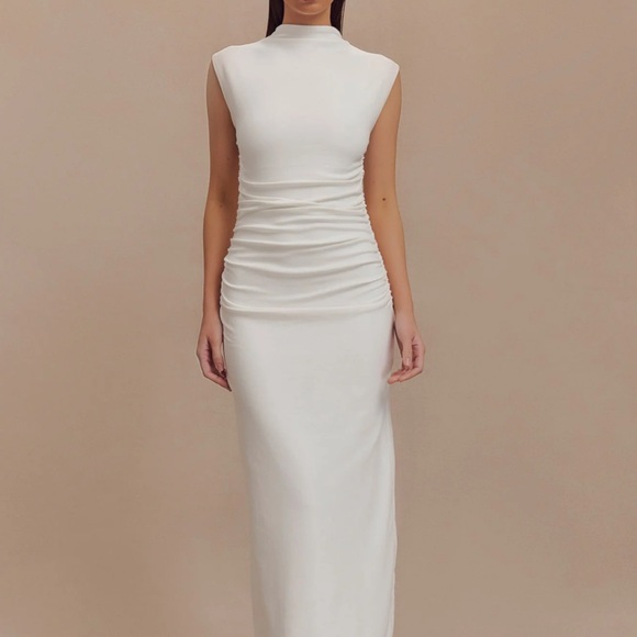 Meshki Cream Ruched Pencil Midi Dress - Picture 1 of 4